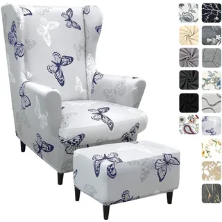 Alishomtll 3 Teilig Ohrensessel Überzug Mit Ottomane Schonbezug Stretch Sessel-Überwürfe Elastisch Sesselhusse Strandmon Tiger Stuhlbezug mit Armlehne Hohe Rückenlehne Universal (Grau Schmetterling)