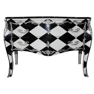 Casa Padrino Barock Kommode im Karo Design mit Silber Applikationen 130 x 84 x 63 cm -  Anrichte im Antik Look - Silber