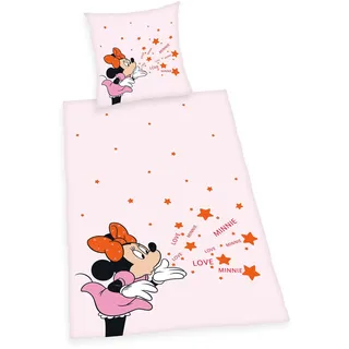 Herding Bettwäsche-Set, Disney's Minnie Mouse, Kopfkissenbezug 80 x 80 cm mit Knöpfen und Wende-Motiv, Bettbezug 135 x 200 cm, Mit Knopfverschluss, 100% Baumwolle/Linon