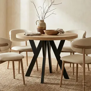 Runder Ausziehbarer Tisch für Esszimmer, PERO, Loft-Stil, Skandinavische, Durchmesser: 100 / 150 cm, Farbe: Eiche Lancelot / Schwarz - Braun