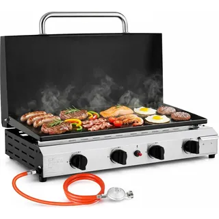 Tisch-Plancha Grill - Gasgrill - 4 Brenner - Flache Grillplatte - Erdgas - Piezozündung - Mit Deckel - Tragbar - Weiß