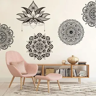 Runtoo Wandtattoo Mandala Groß Wandsticker Boho Blumen Lotus Schwarz Wandaufkleber Wohnzimmer Schlafzimmer Flur Yoga Wanddeko