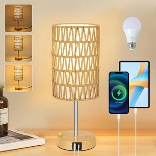 Rayofly Nachttischlampe Touch Dimmbar, Nachttischlampe mit Ladefunktion USB A+C-Anschlüssen, Vintage Tischlampe mit Rattan Lampenschirm & LED Glühbirne, Boho Touch Lamp für Schlafzimmer, Wohnzimmer