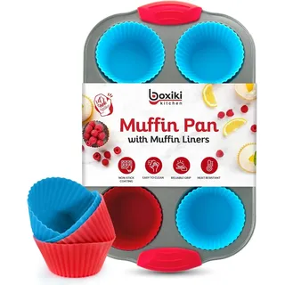 Boxiki Kitchen Muffinform 6er Set mit 12 Wiederverwendbaren Silikonförmchen und Silikongriffe - Antihaft Muffinblech aus Schwerstahl für Muffins, Cupcakes, Mini-Kuchen - Ofenfest bis 232 Grad Celsius