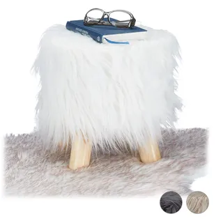 Relaxdays Fell Hocker, flauschig, 4 Holzbeine, gepolsterter Fußhocker, Kunstfell, rund, Dekohocker HxD: 31x31 cm, weiß