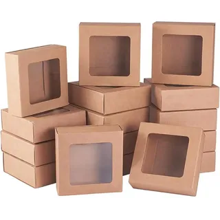 BENECREAT 20 Packungen Quadratische Kraftpapier Schubladenboxen mit Fenster 9 x 9 x 3 cm Papier Geschenkboxen für Party Gegenstände
