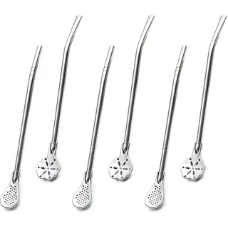 WOUYTPE 6 Stück Yerba Mate Straw, Strohhalm Mit Löffel, Edelstahl Strohhalm-Filterlöffel, Geeignet Ffür Saft, Kaffee, Tee, Etc., mit Reinigungsbürste, Wiederverwendbar