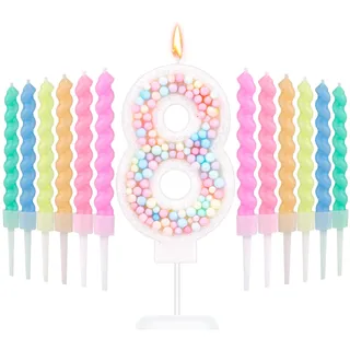 Macaron Zahlen-Geburtstagskerzen, Süß Zahlenkerzen mit 12 Regenbogen-Spiralkerzen Bonbonfarbe Tortenaufsatzkerze für Jahrestage Geburtstagsfeiern Hochzeiten Jungen Mädchen (8)