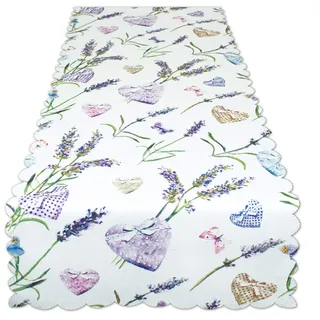 Tischläufer Lavendel und Herzen, weiß, 40x140 cm, Tischdecke für Frühling und Sommer