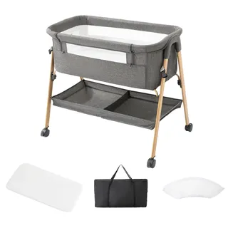 Babybett 3-in-1 - Beistellbett und Laufstall - Klappbar - Höhenverstellbar - Mit Moskitonetz und Rollen - Für Neugeborene 0–6 Monate - Grau