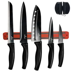 SiliSlick Buntes Edelstahl Messerset – Titanbeschichtetes Küchen Starter Set mit Allzweckmesser, Santoku, Brot, Koch- und Schälmessern mit schwarzem Spitzer und magnetischem Montagegestell