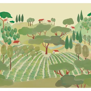 Rasch Tapete 557985 - Fototapete auf Vlies mit gezeichneter Landschaft in Grün, Beige und Braun aus der Kollektion Onszelf - 2,80 m x 3,00 m (LxB)