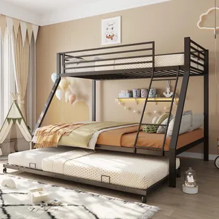 FAVSH Etagenbett 140x200 cm mit Ausziehbett 90x190cm aus Metall, Hochbett mit Rausfallschutz und Leiter, Geräuscharmes Doppelbett, rutschfest, für Jugendliche und Erwachsene, Schwarz E
