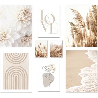 ARTFAVES® Poster Set - BEIGE SOFTNESS - mehrteilige Wanddeko Wohnzimmer & Schlafzimmer - 8 moderne Wandbilder Abstrakte Formen, Pampasgras, Blüte, beige, Meer - ohne Bilderrahmen
