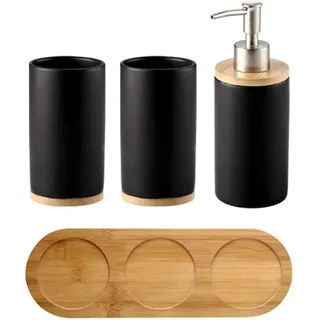 OnePine Badezimmer Accessoires Set Keramik, 4-teilig, Zahnbürstenhalter, Seifenspender, Bambus Fach, Zahnputzbecher