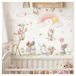 DEKO KINDERZIMMER Wandtattoo Waldtiere mit Regenbogen Wandsticker Hase REH Maus Babyzimmer Kinderzimmer Wandaufkleber Mädchen Schlafzimmer Wanddeko DK1139-06