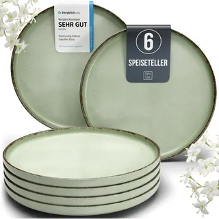 Steingut Teller Groß 6 Personen Rustic TESTSIEGER, Hochwertiges Landhaussttil Steingut Speiseteller Set, Stylisches Essteller Set, Pure Living in Mintgrün