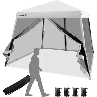 COSTWAY 3x3 m Pop Up Pavillon mit Moskitonetz und Sandsäcke, Faltpavillon faltbar, UV-Schutz 50+, Gartenzelt Partyzelt stabil, Gartenpavillon für Garten, inkl. Rolltasche (Weiß) - Weiß