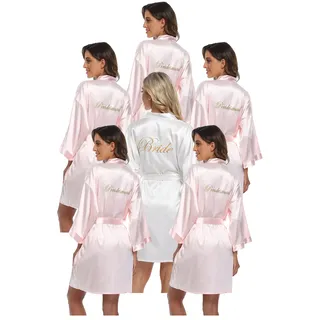 PENGEE 6-teiliges Damen-Bademantel-Set, Satin, für Hochzeit, Party, Braut, Brautjungfer, Kimono-Set, Brautparty, Seidiger Bademantel, pink/weiß, Einheitsgröße