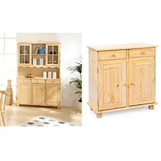 Inter Link Buffet Vitrinenschrank Küchenschrank Geschirrschrank Kiefer Massivholz Natur lackiert & Kommode Anrichte Sideboard Mehrzweckschrank Beistellschrank Kiefer massiv Natur lackiert