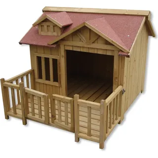 Wiltec Luxus XL Hundehütte 93,5 x 77,5 x 70 cm, braun, Hundehaus aus Holz mit Veranda, Hundehöhle Outdoor für Balkon Garten Terrasse - Braun