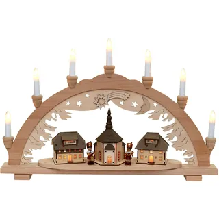 Dekohelden24 Schwibbogen Buchenholz, Motiv: Seiffener Bergmannsaufzug mit beleuchteten Häusern, 10 flammig, Breite 57 cm x Tiefe 9 cm x Höhe 38 cm