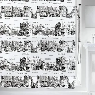 Spirella Anti-Schimmel Duschvorhang - Anti-Bakteriell, waschbar, wasserdicht - Peva, „Places“ 180x200cm Weiß Schwarz