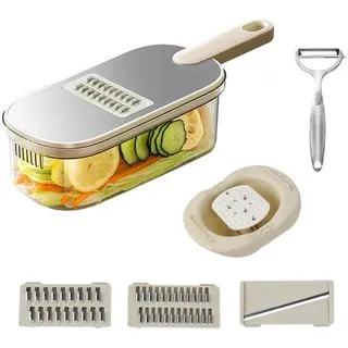 Unyqoos® Multifunktionaler Gemüseschneider – 3 Wechselmesser (Edelstahl) zum Schneiden, Raspeln & Julienne, 1,5 L Auffangkorb, Handschutz, abnehmbar (Edelstahl/PET) - Beige