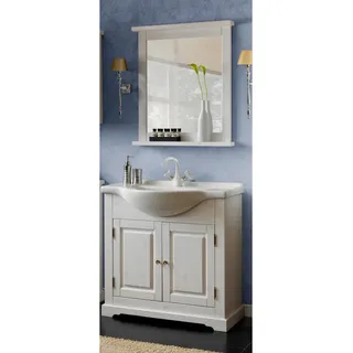 Badezimmer Waschplatz Set inkl.Keramik-Waschtisch LIRIA-56, Massivholz, B x H x T ca.: 85 x 200 x 43 cm - Weiß