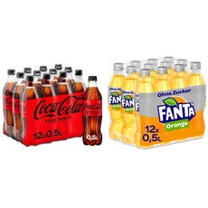 Coca-Cola Zero Sugar (12 x 500 ml) & Fanta Zero Orange - fruchtig-spritzige Limonade mit klassisichem Orangen-Geschmack - ohne Zucker und ohne Kalorien - Einweg Flaschen (12 x 500 ml)