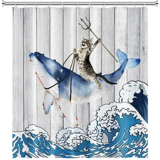 SDOTPMT 122x183cm Komisch Katze Reiten Wal Duschvorhang Jahrgang Holz Boden Japanisch Meer Ozean Welle Badevorhang Süß Karikatur Badewanne Vorhang Wasserdicht für Badezimmer Badevorhang mit Haken