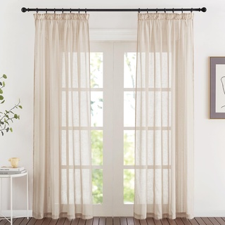 PONY DANCE Leinenoptik Vorhang Beige Halbtransparent 2er Set H 220 x B 140 cm Leinen Gardinen mit Kräuselband Wohnzimmer Vorhänge im Landhausstil Vorhänge Beige Boho Style