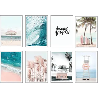DKORARTE Set mit 8 Holzbildern, Dekoration für modernes Wohnzimmer, Schlafzimmer, Zimmer, Landschaft, Strand, Natur mit Metallaufhängern (29 x 20 cm pro Bild)