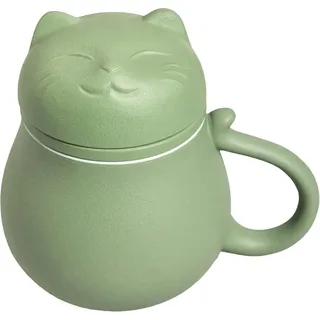 Hanbosym Keramik Teetasse mit Teesieb und Deckel 13.5oz süßes Katzen Design Grüne Teetasse