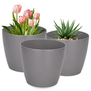 PECZEKO Blumentopf Glänzende, 3er-Set blumenkübel, 21/25/30 cm Pflanzkübel aus Übertopf Kunststoff Topf für, groß und klein Pflanzen, 3er-Set blumenkübel kräutertopf, Grau