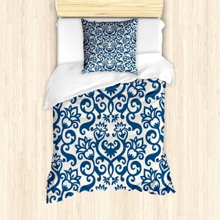 ABAKUHAUS Abstrakt Bettbezug Set, Dekoratives Blumenmuster-antike Damast-Blumen Curvy, der Fliese Artsy Design wiederholt, 135 x 200 cm + 80 x 80 cm, Blau Weiss