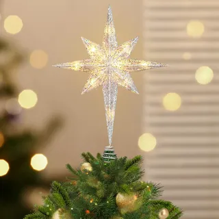 Luxspire Weihnachtsbaumspitze, beleuchteter Stern Baumspitze mit USB Plug-in & Fernbedienung, 9,8" LED Metall Dekorationen Licht, Xmas Baum Vintage Modern Ornament für Home Party,Bethlehem Star-Silver