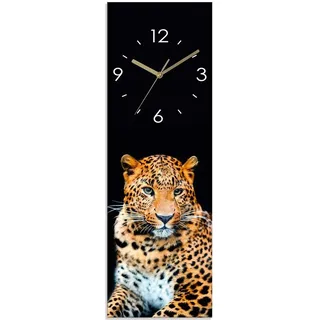 ARTland Glas Wanduhr Funkzuhr - goldene Zeiger Wütender wilder Leopard Größe: 20x60 cm - Schwarz