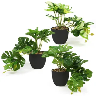 INSANYJ 3er Set Kunstpflanze Monstera wie Echt, 20cm Künstliche Pflanzen Klein im schwarz Topf, Dekopflanzen für Wohnzimmer, Bad, Büro, Fensterbank, Modern Zimmerpflanzen Deko Innen