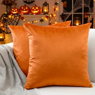 Encasa XO Kissenbezüge aus Samt - 2er-Set (40x40 cm) - Orange- Uni gefärbt, weich & glatt, waschbar, quadratisch, großer Wurfkissenbezug für Couch, Sofa, Stuhl, Bett und Wohnbereich