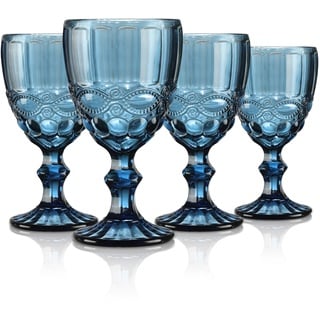 Joeyan Blau Vintage Weingläser mit Geprägtem Design,Farbiger Relief Rotweingläser Weißweingläser,Trinkglas,Kelchgläser,Weinkelch für Wein Saft Getränke,300 ml,Set von 4,Spülmaschinenfest