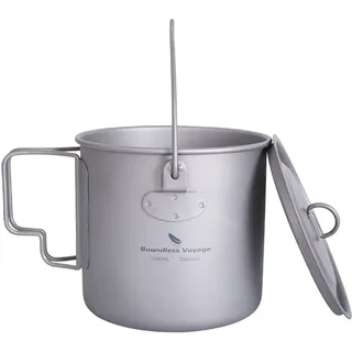 iBasingo 1100ml Reiner Titan Becher Camping Hängetopf mit Deckel Ti3041D | Ultraleichter Camping Kochtopf mit Aufhängebügel & Füllstandsmarkierungen für Trekking Bushcraft zum Kochen und Suppe