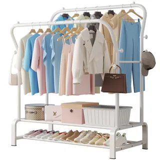 SMILOVII Kleiderständer, Multifunktional Garderobenständer, Freistehender Doppelruten Kleiderbügel für schlafzimmer Kleiderständer, Stabil Kleiderstange mit 8 Haken und 2 Schuhregal metall, weiß