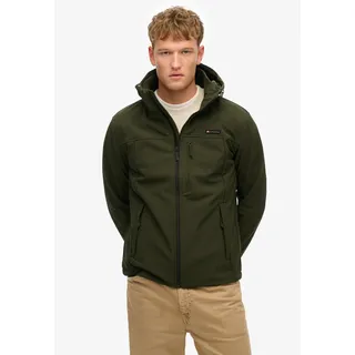 Superdry Outdoorjacke SUPERDRY "HOODED SOFT SHELL TREKKER JKT", Herren, Gr. L, grün (surplus goods olive grün), Softshell, Obermaterial: 90% Polyester, 10% Elasthan, unifarben, relaxed fit hüftlang, mit Riegel,verstellbar, Jacken Outdoorjacke