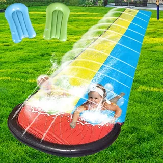 Gobesty Wasserrutsche Garten, 6,1 * 1,4M Doppel Wasserrutschmatte, Wasserspielzeug Outdoor mit 2 Surfboard, Rasen Wasserrutsche Rutschmatte mit Sprinkler, Wasserbahn Duell für Garten Rasen