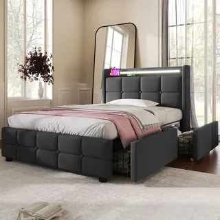 Flieks Polsterbett 90x200cm mit USB und Steckdosen, Jugendbett Einzelbett mit 2 Schubladen, Stauraumbett Massivholzbett mit LED und Lattenrost, Lei... - Grau