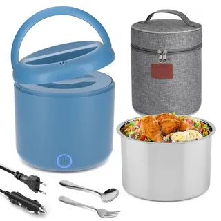 100W Elektrische Lunchbox Erwachsene, 1.2 L Thermo Lunch box mit Besteck und Isolierter Lunchbeutel, 3-in-1 12/24/230V, Auslaufsicherer, 304 Edelstahl, Beheizte Brotdose für Auto, LKW, Büro, Blu