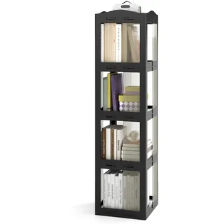 FANTASK 360° drehbares Bücherregal, 3 Etagen Küchenregal mit rutschfesten Fußpolster & transparenten Paneele, Standregal Schmal für Wohnzimmer & Arbeitszimmer (Schwarz, 36,5 x 36 x 141,5 cm)