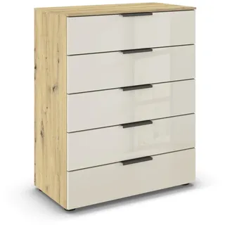 Rauch Möbel Flipp, Kommode für Schlafzimmer, Kinderzimmer, Wohnzimmer, Jugendzimmer, Flur, Garderobe, 5 Schubladen, mit Softclose Funktion, Farbe Eiche Artisan, Holz/Glas Beige, Breite 80 cm