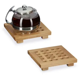 Relaxdays Untersetzer 2er Set quadratisch Bambus, Topfuntersetzer aus Holz für Töpfe, Pfannen, Teller, abwischbar, HBT ca. 4 x 20 x 20 cm, natur